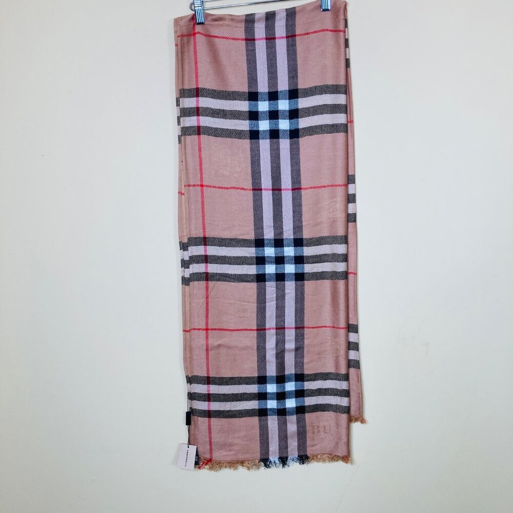 Burberry Raspberry Sorbet Check Scarf  Cashmere Blend Fringed Edges New